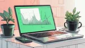 Um laptop futurista prateado com tela transparente exibindo um gráfico em alta, em uma mesa branca brilhante com plantas verdes e uma caneca de café preta.