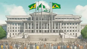 Ilustração detalhada do Congresso Nacional do Brasil com deputados conversando em primeiro plano, representando a política brasileira.