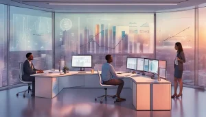 Pessoas de diversas etnias analisando dados em gráficos holográficos em um escritório moderno, com vista para a cidade ao entardecer.