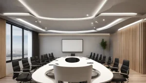 Sala de reuniões moderna com tecnologia avançada, projetor de tela grande e laptops, destacando os benefícios da tecnologia no setor público.