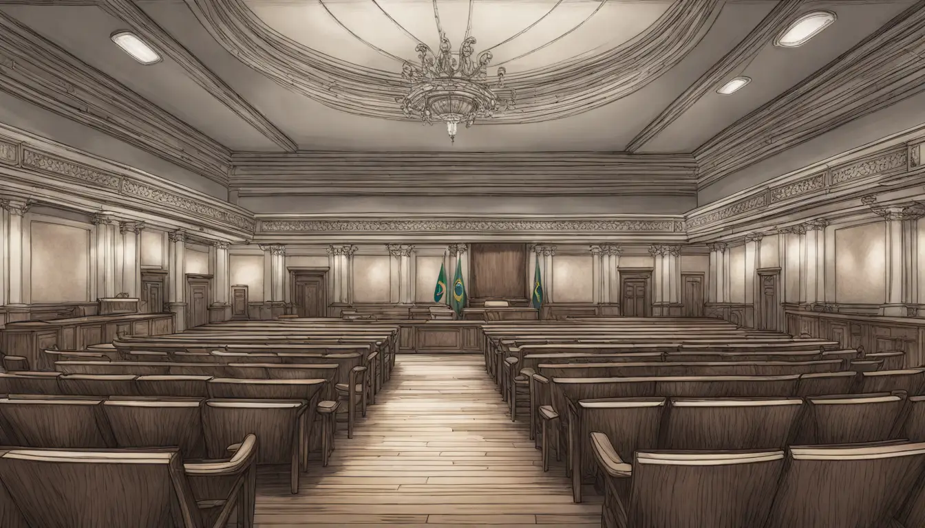 Câmara municipal brasileira com várias cadeiras vazias e uma cadeira central maior todas de madeira escura.