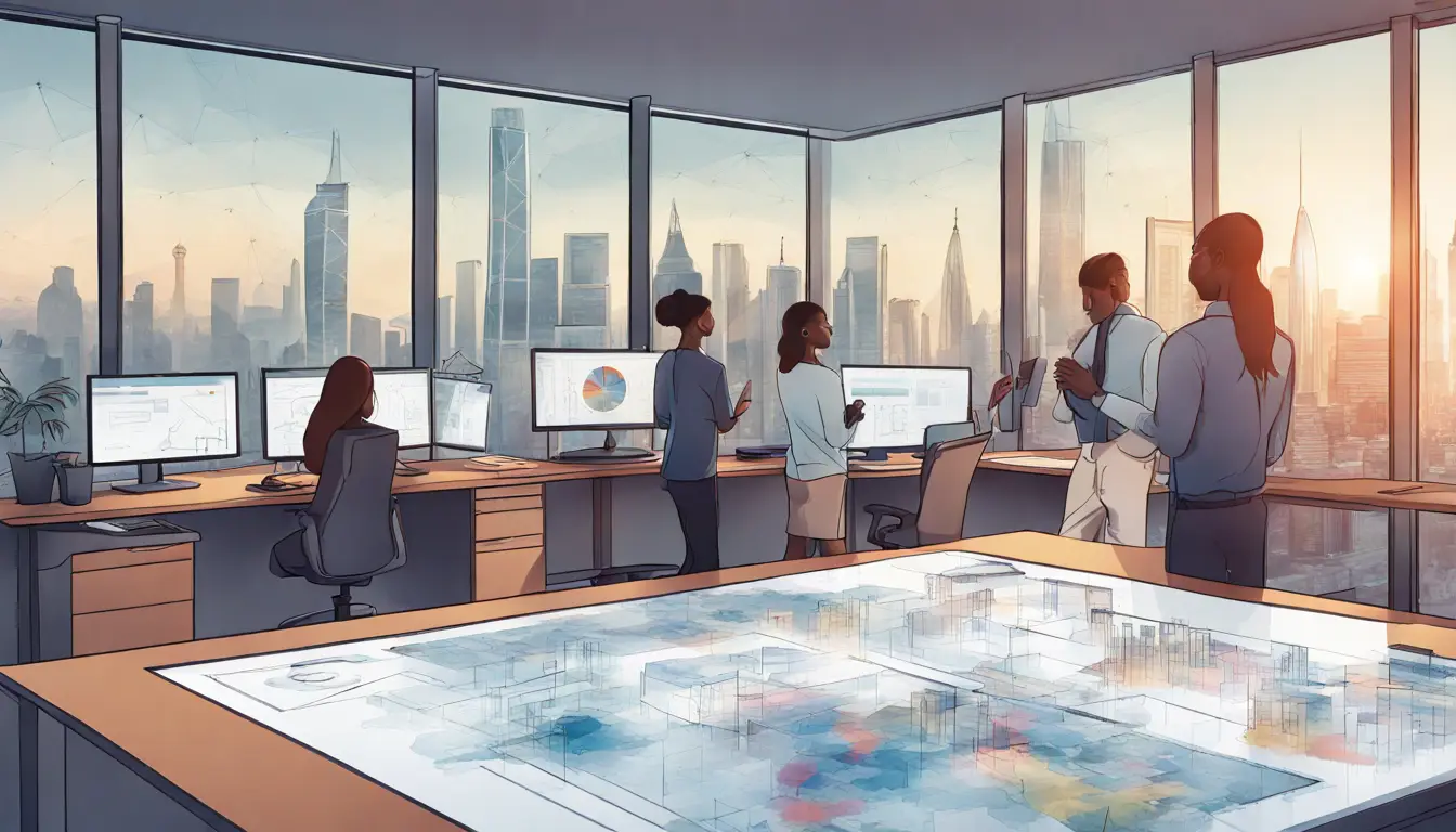 Profissionais colaborando em torno de uma mesa digital com dados governamentais, com dispositivos tecnológicos e cidade ao fundo.