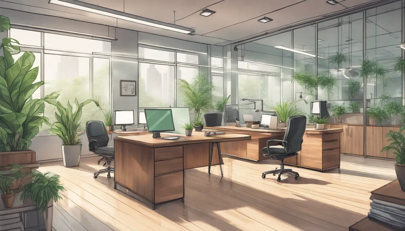 Escritório moderno com mesa de madeira, cadeiras ergonômicas e plantas verdes em ambiente bem iluminado.