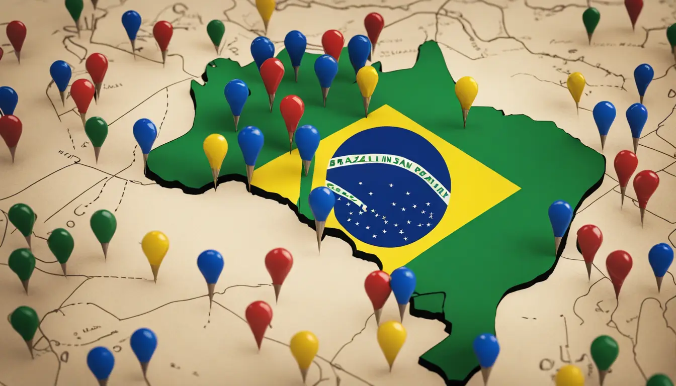 Mapa do Brasil com alfinetes coloridos indicando partidos políticos, bandeira do Brasil ao fundo.