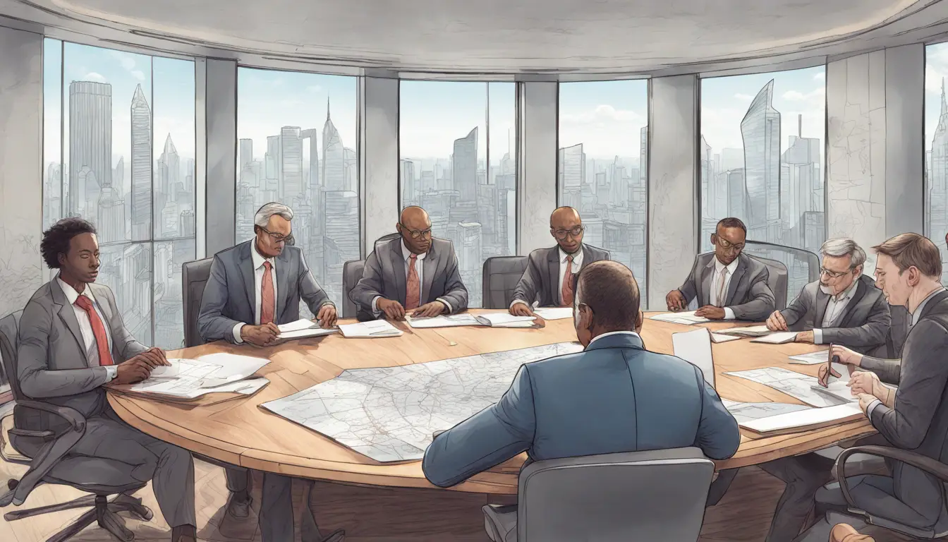 Políticos diversos em trajes formais em torno de uma mesa oval de madeira com papéis e laptops em escritório moderno.