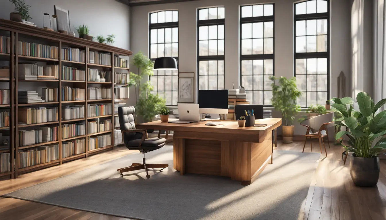 Escritório moderno e organizado com mesa de madeira, cadeiras, prateleiras de livros e laptop sob luz natural.