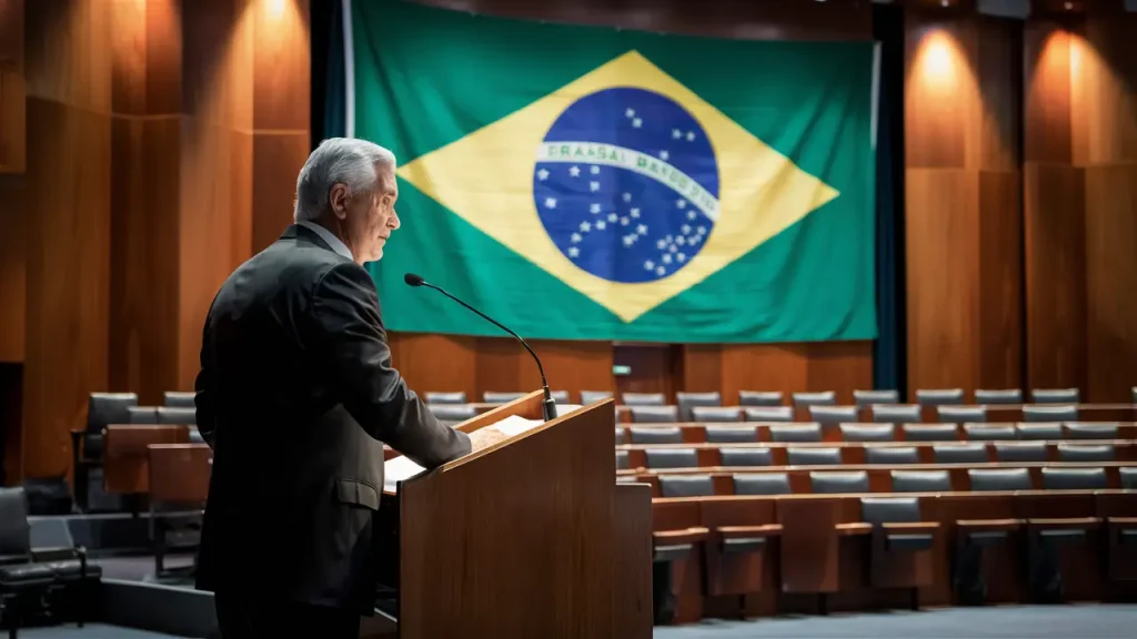 Autoridade eleita atrás de um pódio de madeira em um auditório vazio com bandeira brasileira ao fundo.