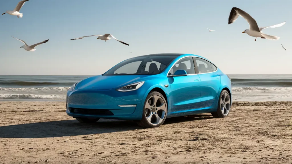 Carro elétrico azul claro estacionado na praia com ondas suaves ao fundo e gaivotas voando acima.