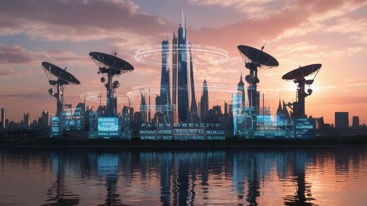 Cidade futurista com arranha-céus e dados políticos holográficos refletidos em um rio ao pôr do sol.