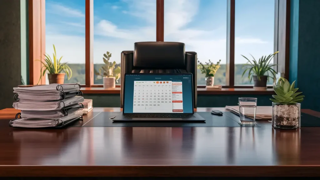 Escritório organizado com mesa de madeira, laptop aberto com calendário, pilha de documentos, planta em vaso e janela ao fundo.