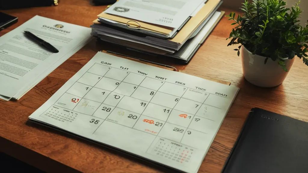 Calendário de 100 dias e documentos governamentais em uma mesa de madeira com caneta preta e planta verde em vaso branco.