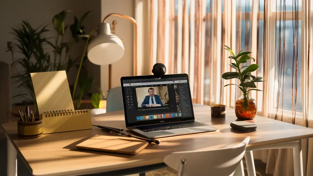 Mesa de escritório com laptop em videoconferência, bloco de notas, caneta e planta em vaso, iluminada por luz solar suave.