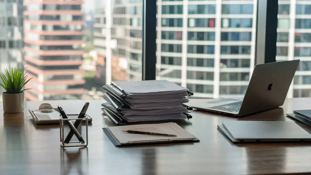 Uma mesa de escritório organizada com laptop, pilha de papéis, porta-canetas e planta, vista da cidade pela janela.