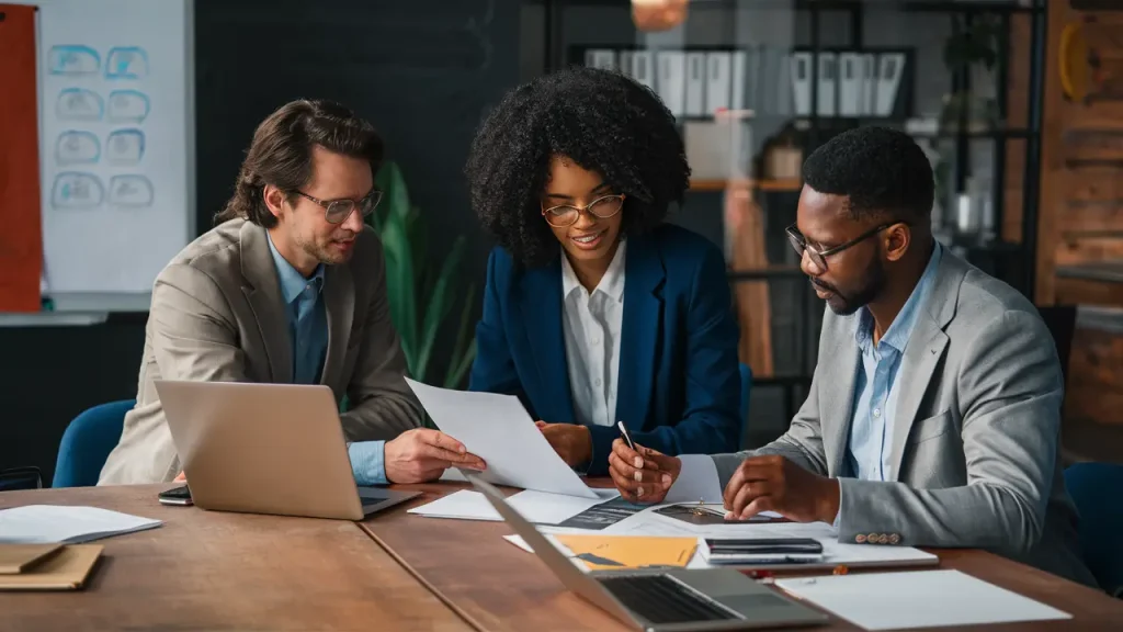 Três profissionais diversos colaborando em volta de uma mesa de madeira com laptops e quadro branco em um escritório moderno.