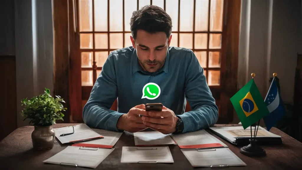 Vereador usando smartphone com WhatsApp, cercado por documentos em uma mesa, com bandeira do Brasil ao fundo.