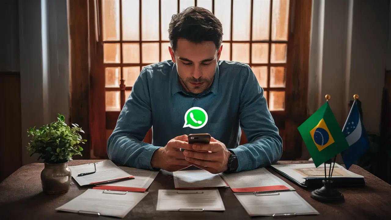 Vereador usando smartphone com WhatsApp, cercado por documentos em uma mesa, com bandeira do Brasil ao fundo.