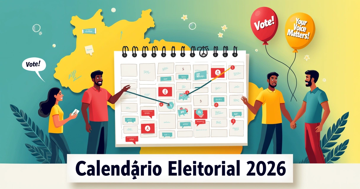 Ilustração do calendário eleitoral 2026 do Brasil, com um mapa estilizado e várias datas em destaque.