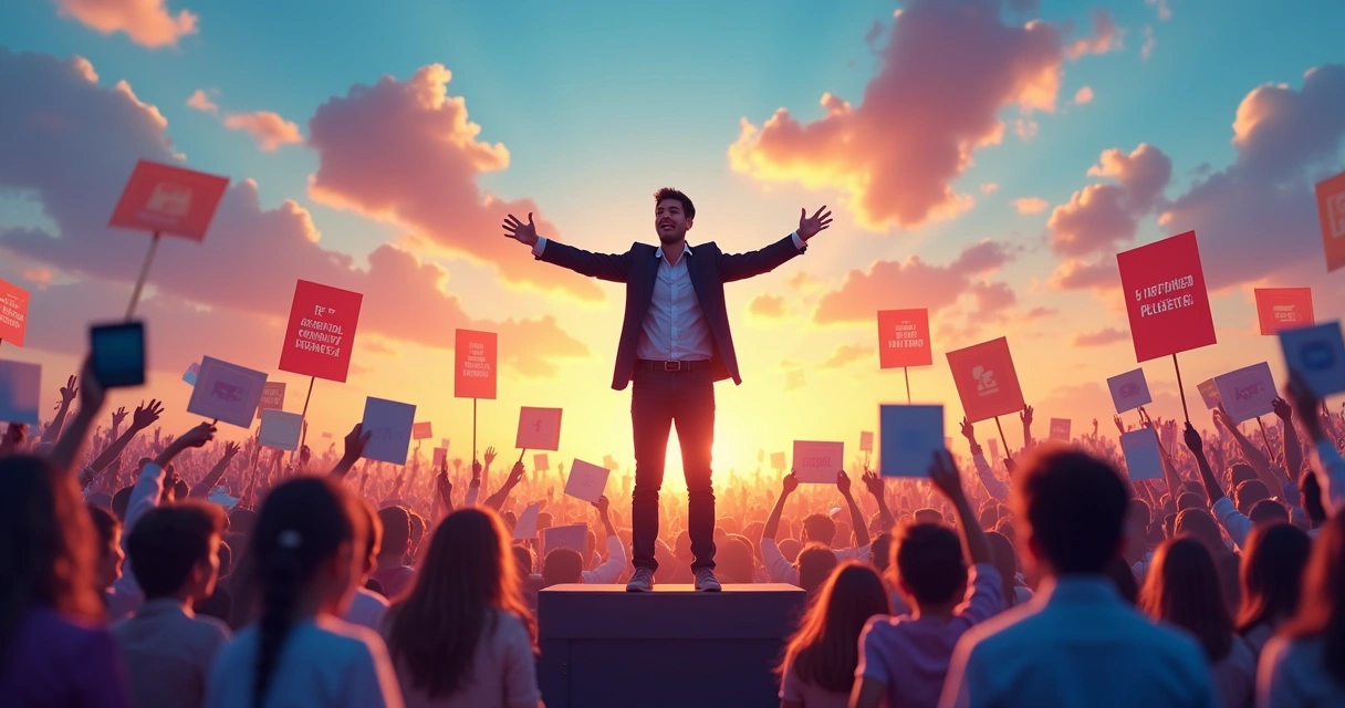 Candidato político carismático em palanque, falando para multidão diversa sob um belo pôr do sol.