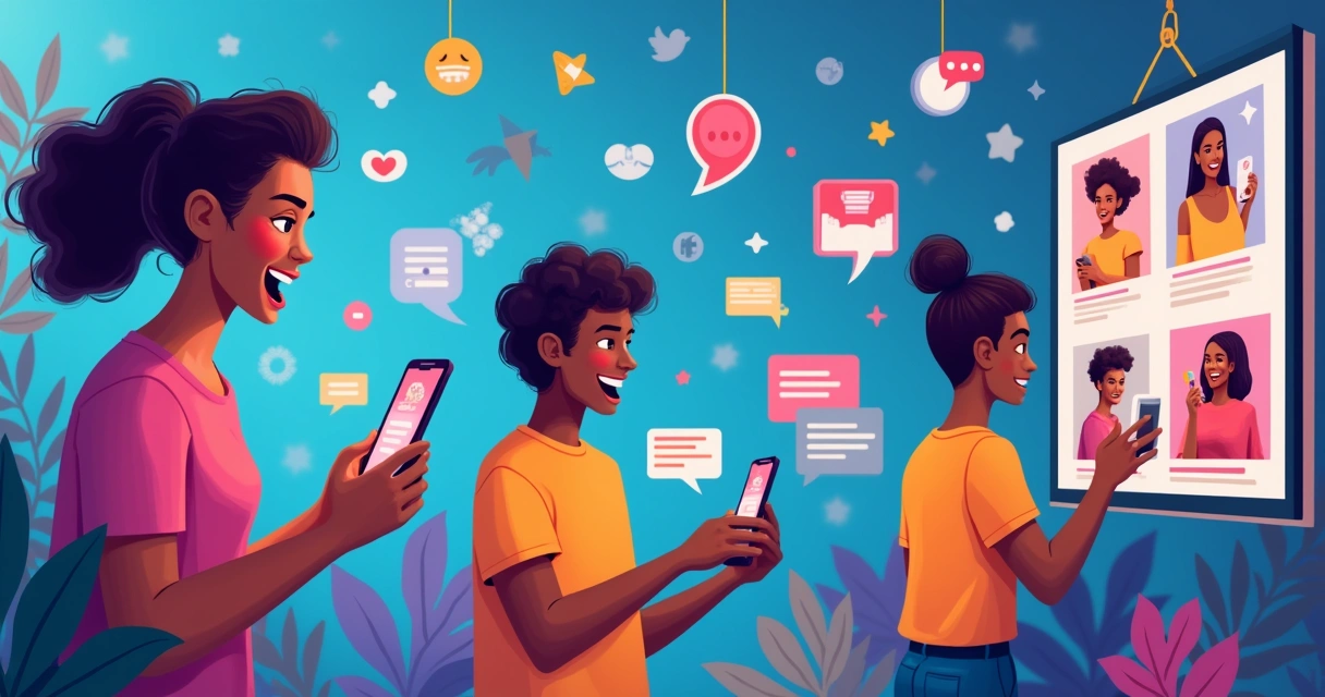 Grupo diversificado de pessoas contando histórias nas redes sociais com smartphones e ícones coloridos.