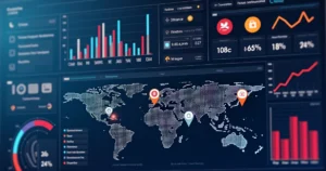 Tela digital mostrando gráficos e mapas em análise de big data eleitoral com estatísticas e números coloridos