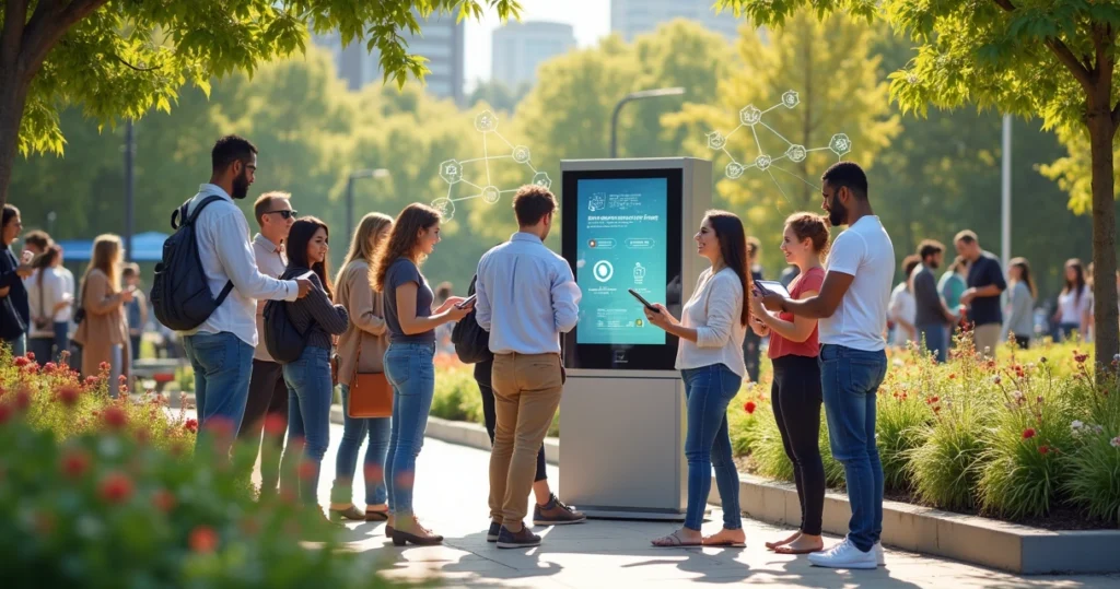 Como usar a tecnologia para engajar cidadãos no mandato 1 Grupo diverso de cidadãos interagindo com tecnologia em um parque, simbolizando engajamento comunitário.