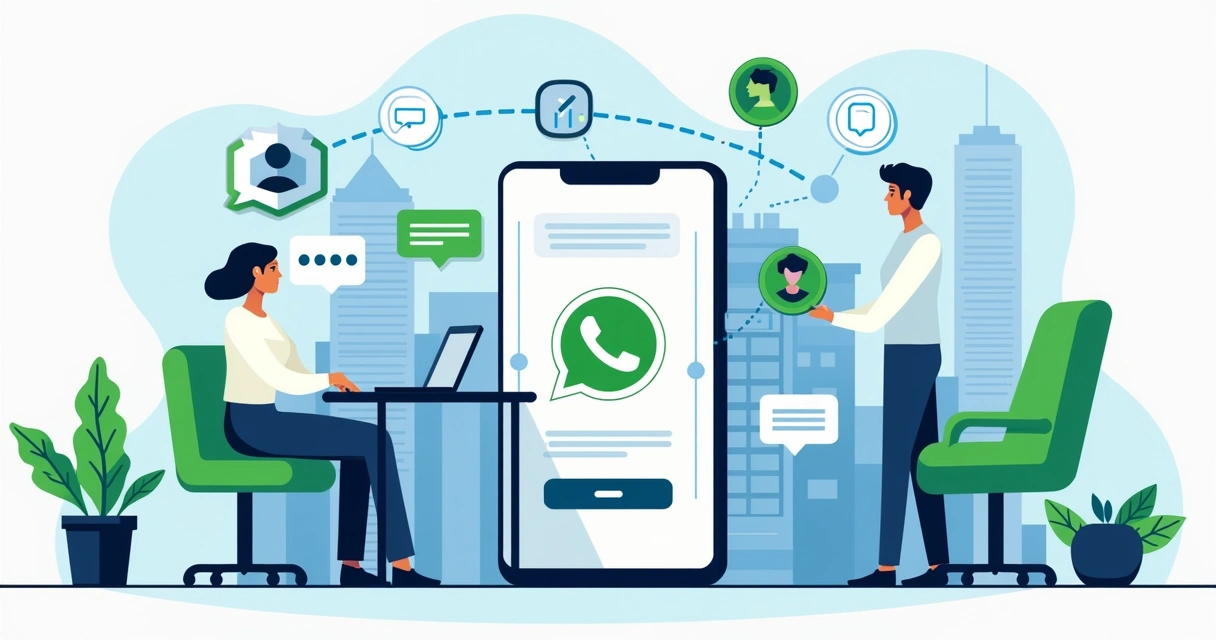 Ilustração corporativa plana mostrando smartphone aberto no WhatsApp com ícones de mensagem, grupo e documentos ao redor, cenário de gabinete político moderno com elementos de conexão e gestão digital