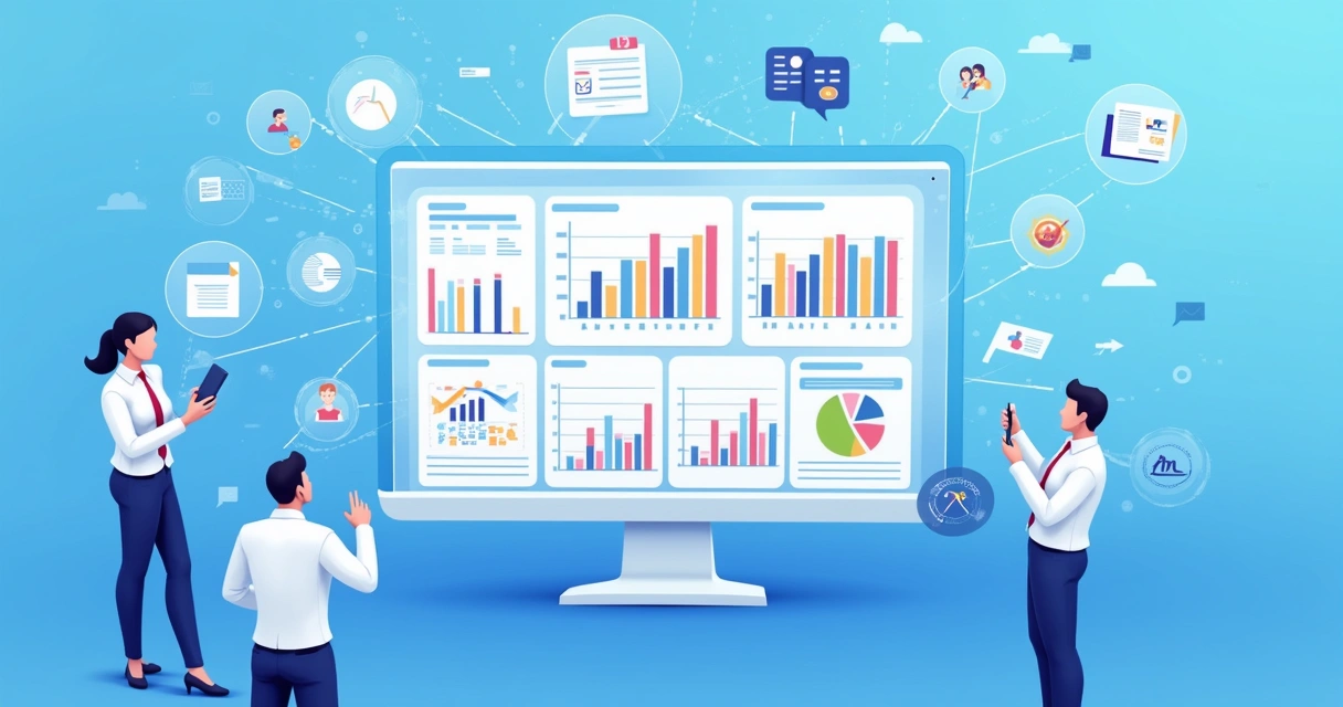 Tela digital mostrando gráficos eleitorais coloridos e ícones de gestão pública sobre fundo tecnológico azul e branco
