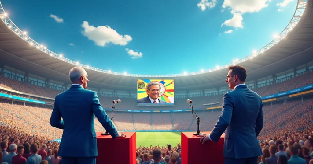 Eleições 2026: A Disputa entre Lula e Tarcísio 1 Debate político em 2026 entre Lula e Tarcísio em um estádio, com público diverso e bandeiras de apoio.