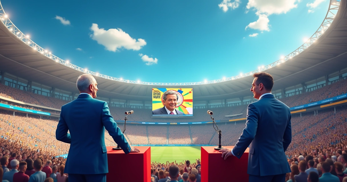 Debate político em 2026 entre Lula e Tarcísio em um estádio, com público diverso e bandeiras de apoio.