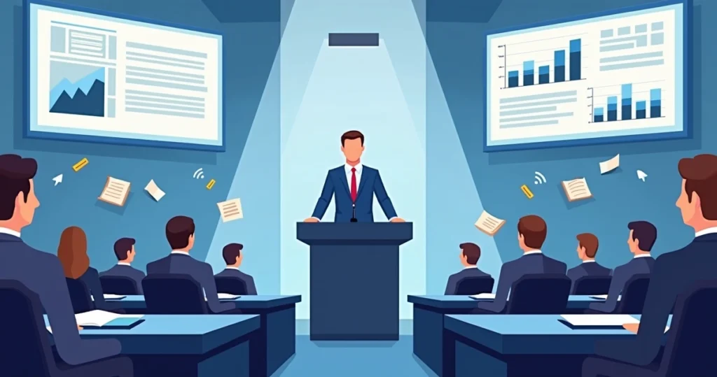Ilustração corporativa flat de deputado estadual discursando em plenário da assembleia legislativa com documentos e gráficos ao redor