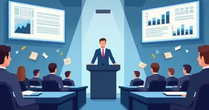 Ilustração corporativa flat de deputado estadual discursando em plenário da assembleia legislativa com documentos e gráficos ao redor
