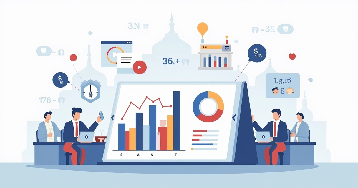 Ilustração corporativa de análise eleitoral com gráficos, votos e distribuição de cadeiras entre partidos