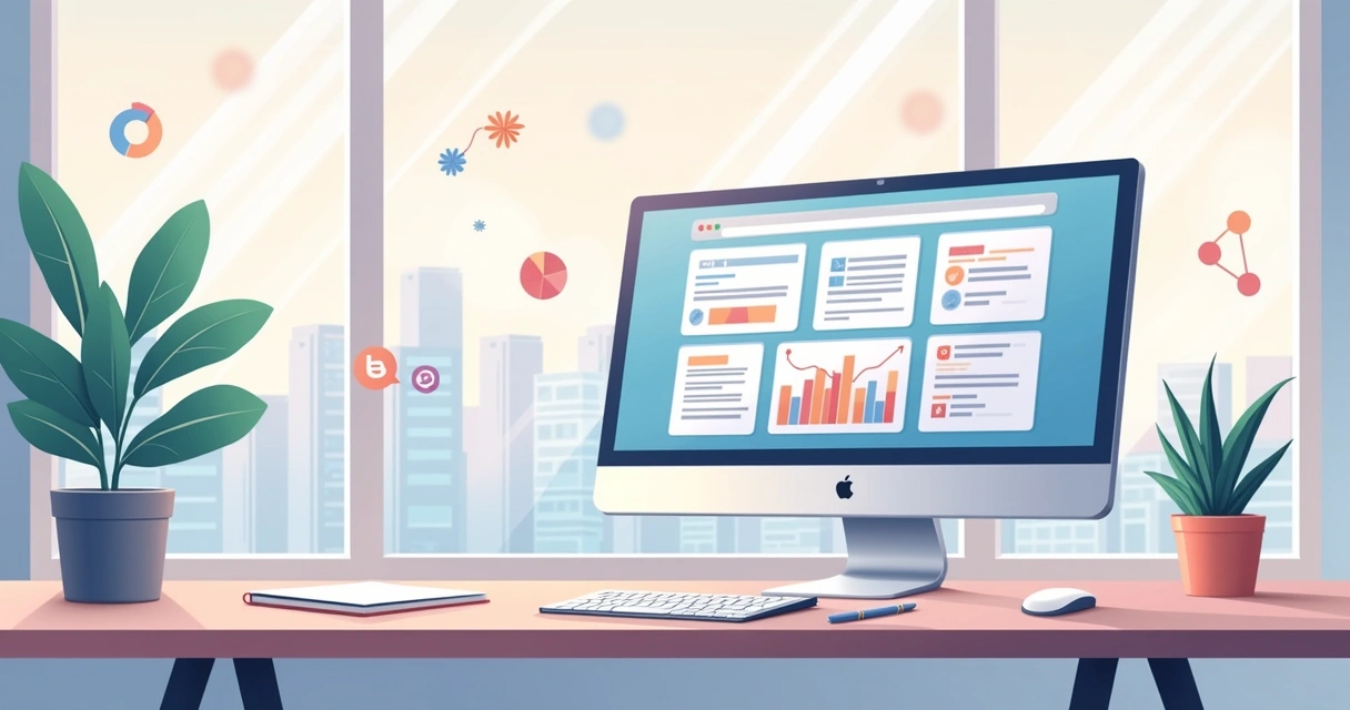 Ilustração de um escritório online moderno com computador, plantas e vista urbana.