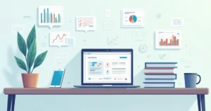 Mesa de trabalho moderna com laptop aberto exibindo software de gestão, smartphone perto, documentos organizados e caneca de café