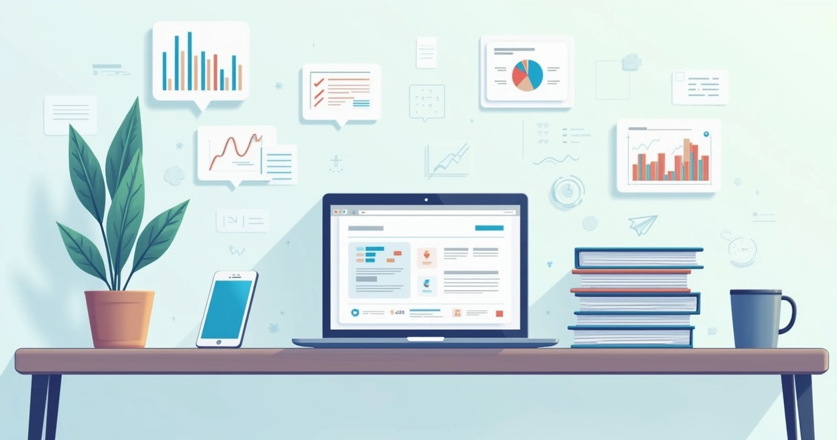 Mesa de trabalho moderna com laptop aberto exibindo software de gestão, smartphone perto, documentos organizados e caneca de café