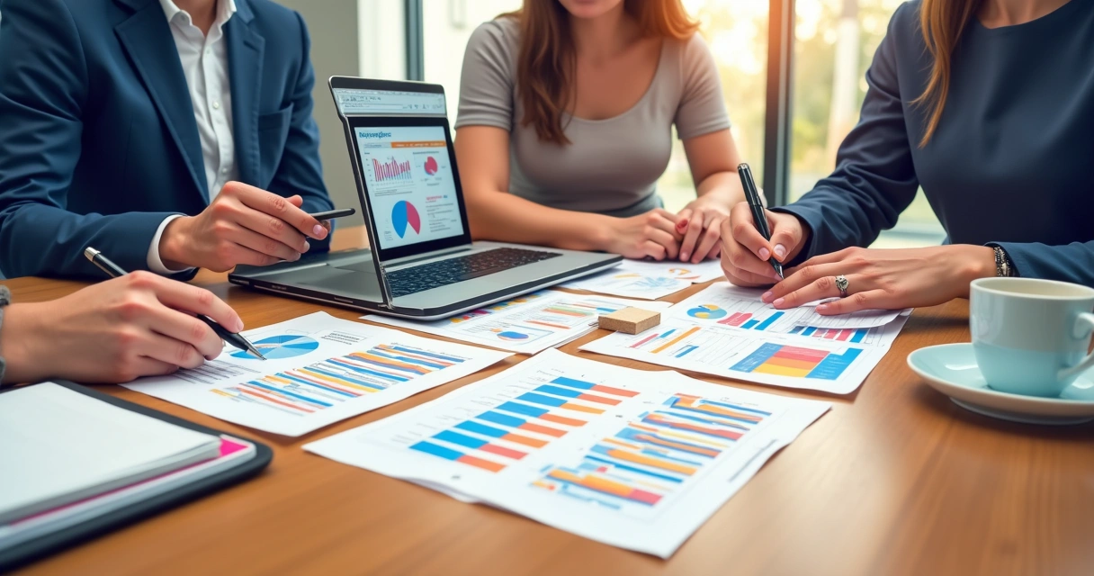 Mesa com documentos eleitorais, computador aberto com gráfico de votos e pessoas discutindo estratégia