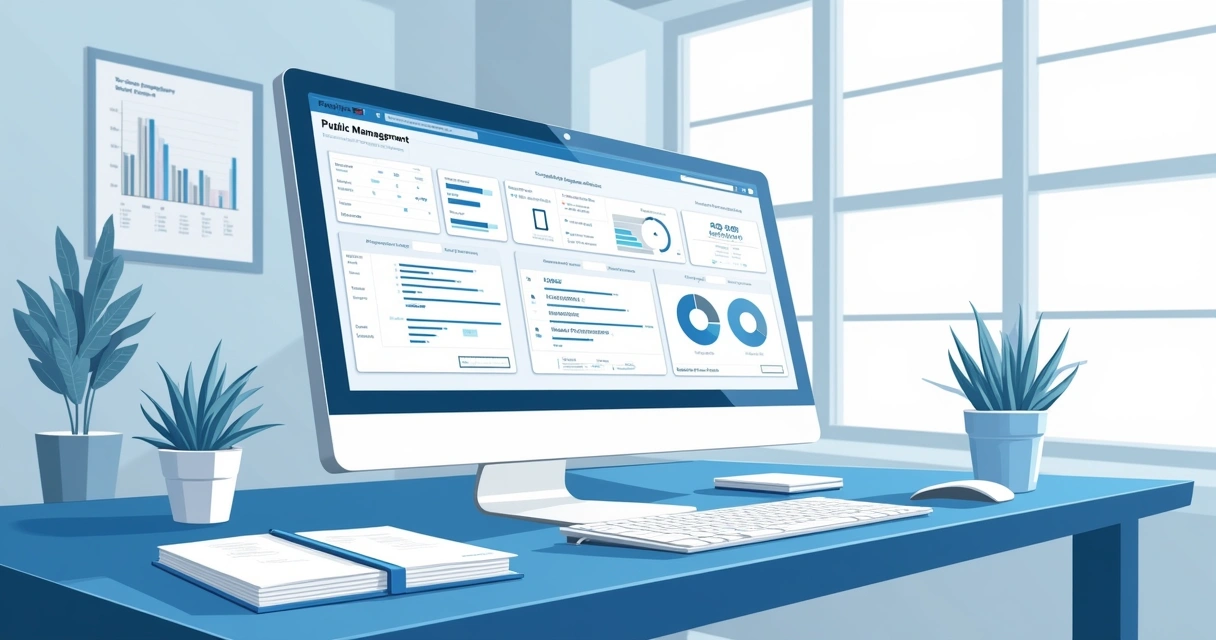 Tela de computador exibindo plataforma de gestão pública com gráficos e agendamento de reuniões
