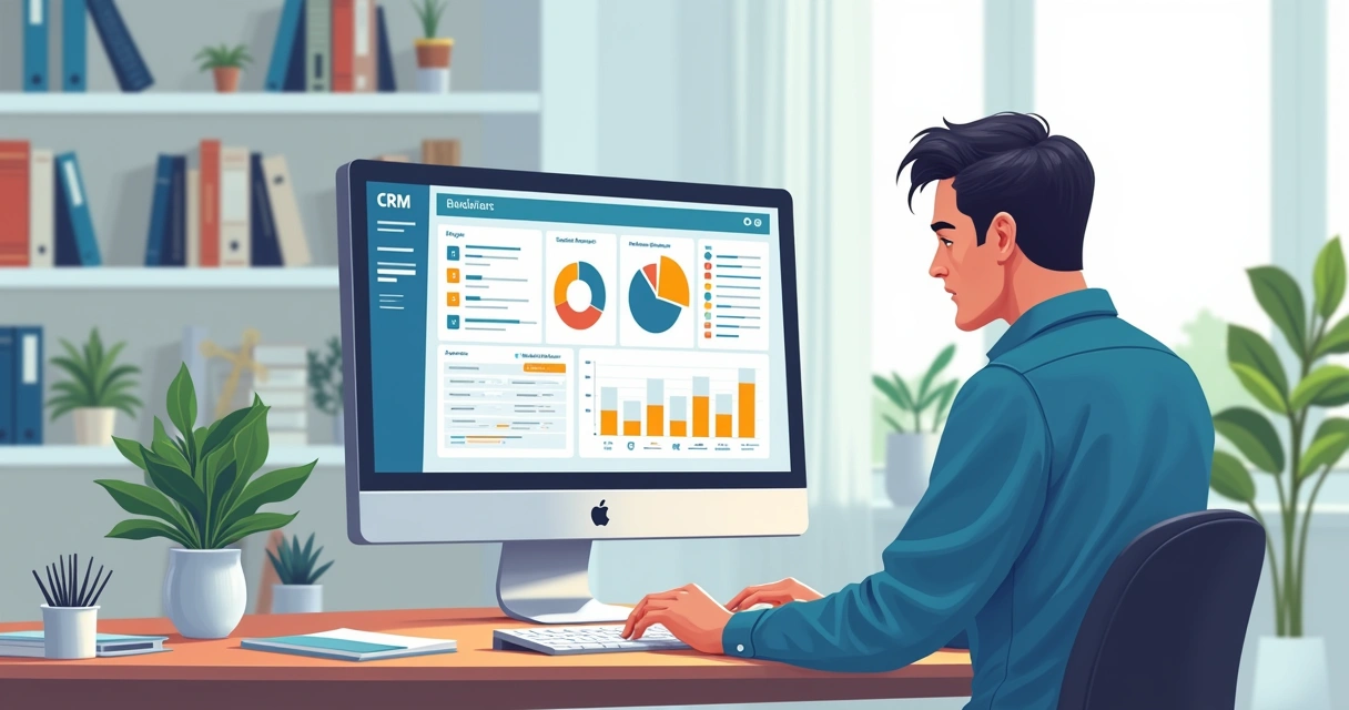 Gestor político usando plataforma CRM em computador com gráficos e dados na tela