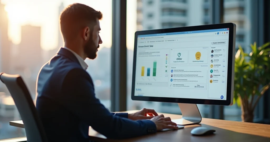 Gestor público em ambiente moderno utilizando computador com interface digital de gestão pública visível na tela