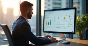 Gestor público em ambiente moderno utilizando computador com interface digital de gestão pública visível na tela