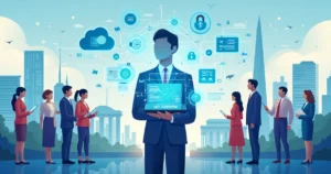 Ilustração corporativa de inovação digital na gestão pública com ícones tecnológicos e pessoas conectadas