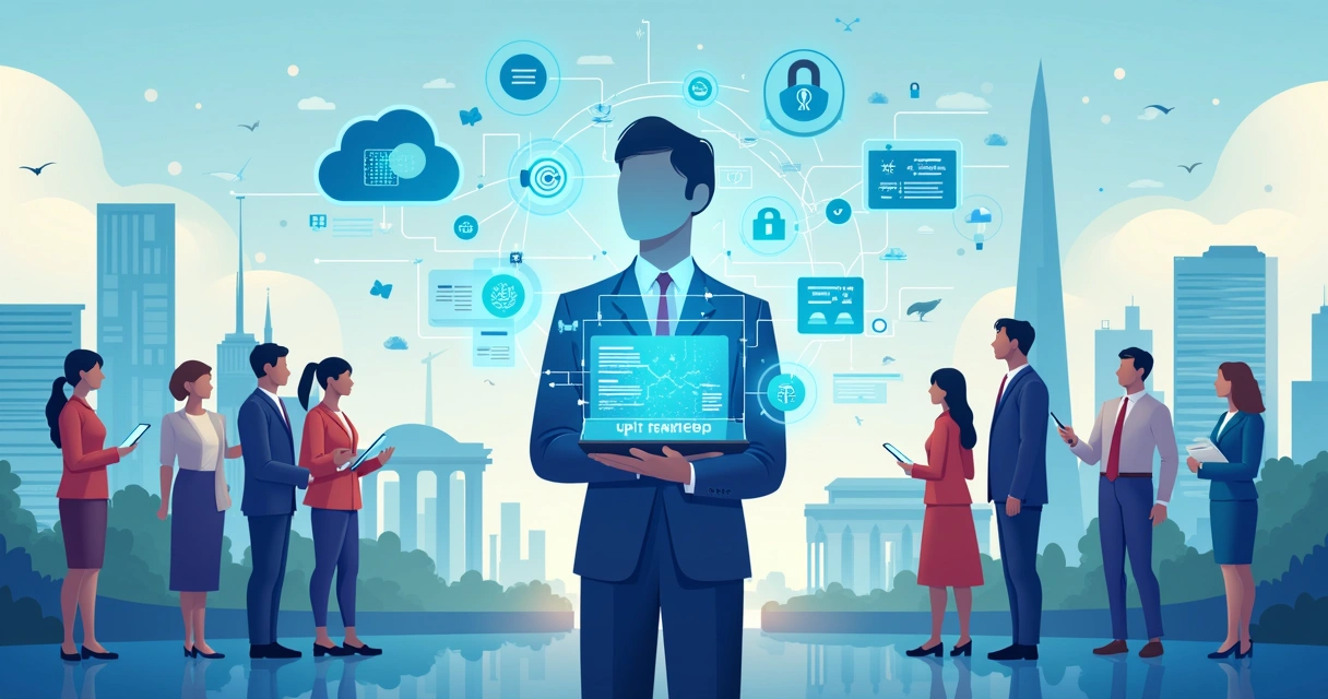 Ilustração corporativa de inovação digital na gestão pública com ícones tecnológicos e pessoas conectadas