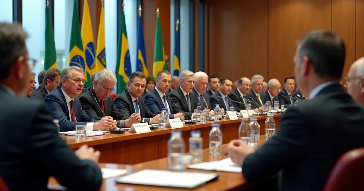 Vista aérea de prefeitos reunidos em congresso formal com bandeiras brasileiras ao fundo