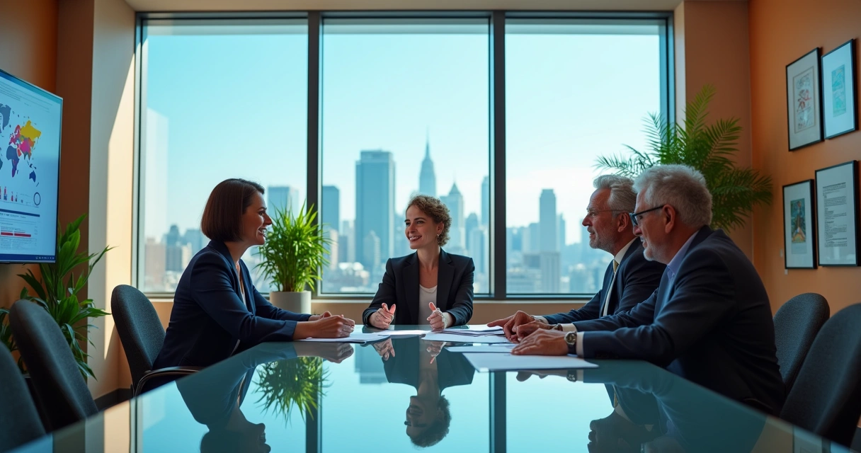 Reunião de escritório político, com mulher liderando e assessores discutindo estratégias em ambiente moderno.
