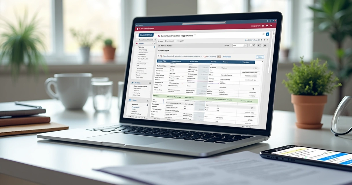 Mesa de trabalho com laptop exibindo software de gestão para vereadores, ao lado de documentos e smartphone com mensagens da população