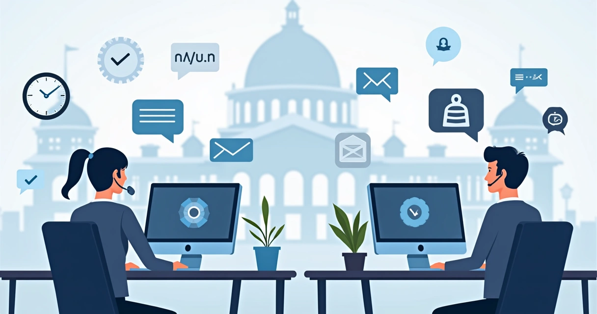 Ilustração plana corporativa de equipe de help desk em prefeitura atendendo cidadãos com computadores e ícones de comunicação digital