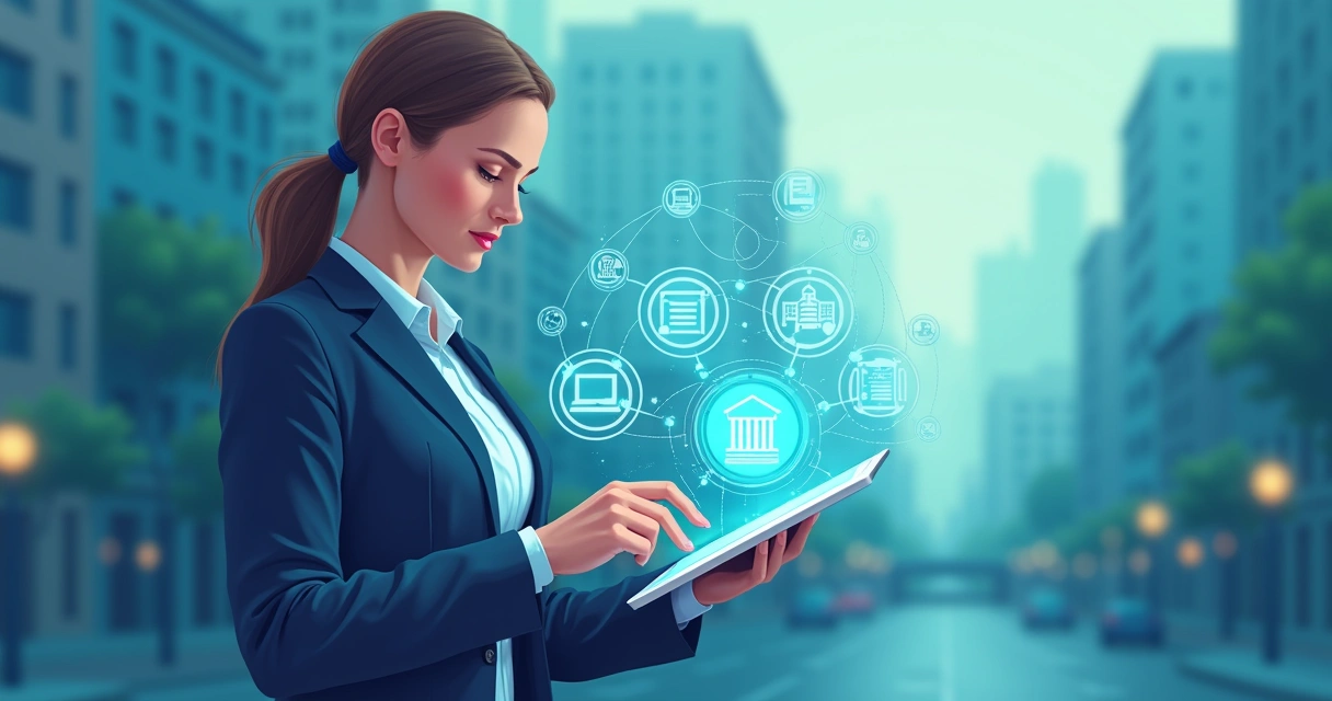 Ilustração digital de vereador utilizando plataforma tecnológica em dispositivo moderno com ícones de comunicação e dados em fundo urbano