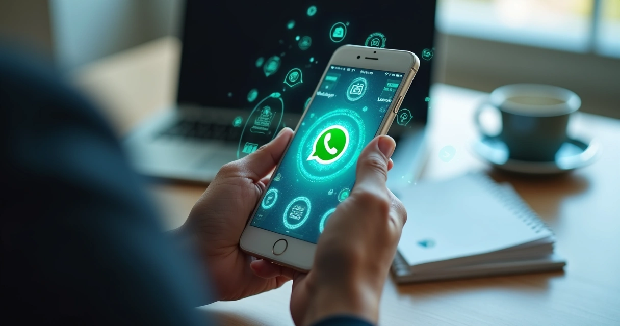Smartphone mostrando tela do WhatsApp com mensagens e ícones de comunicação política ao redor