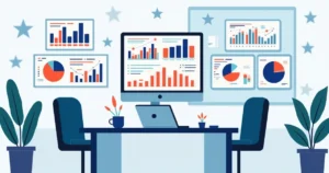 Ilustração corporativa plana mostrando gráficos de dados eleitorais em telas digitais com ícones de votação e estatísticas coloridas