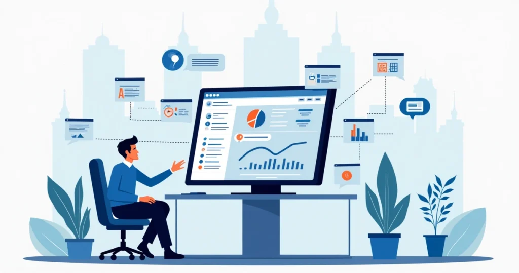 Automatização de fluxos em gabinetes: Benefícios e cuidados 2 Ilustração corporativa plana de gestor público automatizando processos no gabinete com gráficos, calendários e comunicações digitais